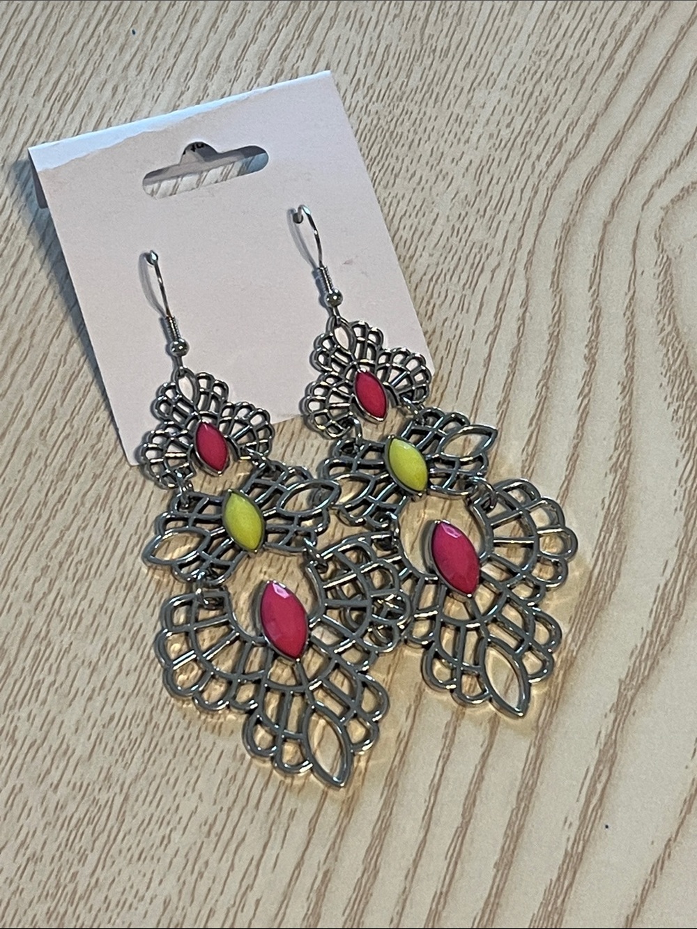 Paparazzi Silver Filigree Drop Earrings with Pink and Lime Accents